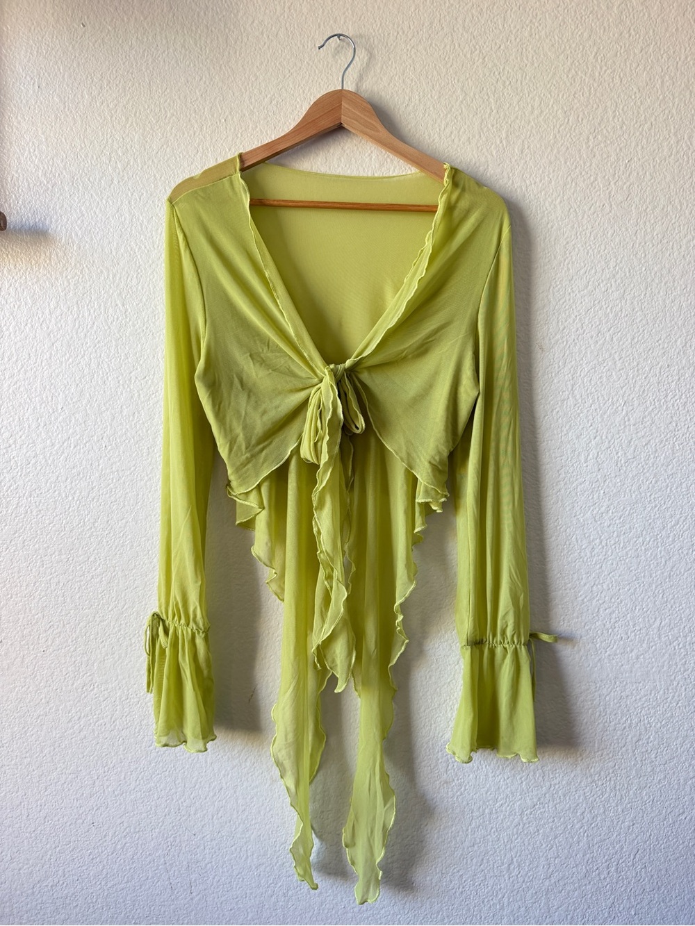 Y2K Lime Green Sheer Mesh Tie Front Cardigan Bell Sleeve Top 1XL